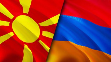 Kuzey Makedonya ve Ermenistan bayrakları. 3 boyutlu dalgalanan bayrak tasarımı. Kuzey Makedonya Ermenistan bayrağı, resmi, duvar kağıdı. Kuzey Makedonya Ermenistan imajına karşı, 3D görüntüleme. Kuzey Makedonya Ermenistan ilişkileri ittifakı