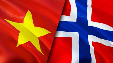 Vietnam ve Norveç yara izi konseptli bayraklar. Dalgalanan bayrak, 3 boyutlu görüntüleme. Vietnam ve Norveç çatışma konsepti. Vietnam Norveç ilişkileri kavramı. Vietnam bayrağı ve Norveç krizi, savaş, saldırı konsepti