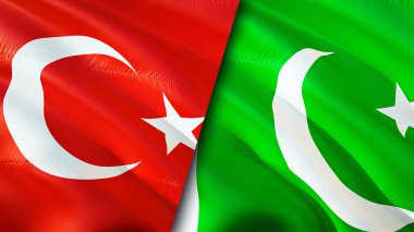 Türkiye ve Pakistan bayrakları. 3 boyutlu dalgalanan bayrak tasarımı. Hindi, Pakistan bayrağı, resim, duvar kağıdı. Türkiye, Pakistan 'a karşı, görüntü 3 boyutlu. Türkiye Pakistan ilişkileri ittifak ve ticaret, seyahat ve turizm konsepti