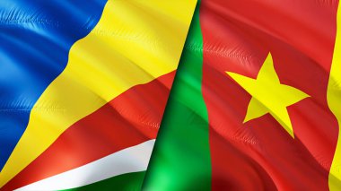 Seyşeller ve Kamerun bayrakları. 3 boyutlu dalgalanan bayrak tasarımı. Seyşeller Kamerun bayrağı, resim, duvar kağıdı. Seyşeller, Kamerun 'a karşı, görüntü 3D. Seyşeller Kamerun ilişkileri ittifakı