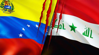 Venezuela ve Irak bayrakları yara izi konseptiyle. Dalgalanan bayrak, 3 boyutlu görüntüleme. Venezuela ve Irak çatışma konsepti. Venezuela Irak ilişkileri kavramı. Venezuela bayrağı ve Irak krizi, savaş, saldırı konsepti