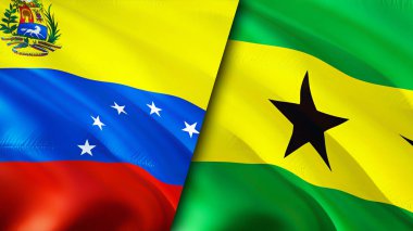 Venezuela, Sao Tome ve Principe bayrakları. 3 boyutlu dalgalanan bayrak tasarımı. Venezuela Sao Tome ve Principe bayrağı, resim, duvar kağıdı. Venezuela, Sao Tome ve Principe 'e karşı, görüntü 3 boyutlu. Venezuela Sao Tom