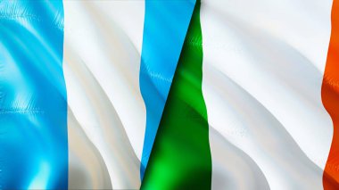 Guatemala ve İrlanda bayrakları. 3 boyutlu dalgalanan bayrak tasarımı. Guatemala İrlanda bayrağı, resim, duvar kağıdı. Guatemala, İrlanda 'ya karşı, görüntü 3D. Guatemala İrlanda ilişkileri savaş ittifakı kavramı. Ticaret.