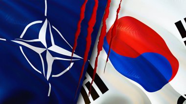 NATO ve Güney Kore yara izi kavramına sahip bayraklar. Dalgalanan bayrak, 3 boyutlu görüntüleme. Güney Kore ve NATO çatışma konsepti. NATO Güney Kore ilişkileri kavramı. NATO ve Güney Kore bayrağı krizi, savaş, attac