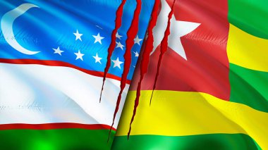 Yara izi olan Özbekistan ve Togo bayrakları. Dalgalanan bayrak, 3 boyutlu görüntüleme. Özbekistan ve Togo çatışma konsepti. Özbekistan Togo ilişkileri kavramı. Özbekistan ve Togo bayrağı krizi, savaş, saldırı konsepti