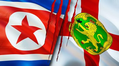 Yara izi olan Kuzey Kore ve Alderney bayrakları. Dalgalanan bayrak, 3 boyutlu görüntüleme. Kuzey Kore ve Alderney çatışma konsepti. Kuzey Kore Alderney ilişkileri kavramı. Kuzey Kore ve Alderne bayrağı