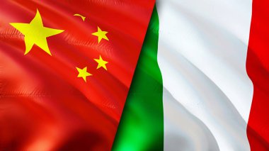 Çin ve İtalya bayrakları. 3 boyutlu dalgalanan bayrak tasarımı. Çin İtalya bayrağı, resim, duvar kağıdı. Çin İtalya 'ya karşı, görüntü 3 boyutlu. Çin İtalya ilişkileri ittifak ve ticaret, seyahat, turizm konsepti