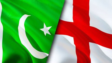 Pakistan ve İngiltere bayrakları. 3 boyutlu dalgalanan bayrak tasarımı. Pakistan bayrağı, resim, duvar kağıdı. Pakistan, İngiltere 'ye karşı, görüntü 3 boyutlu. Pakistan İngiltere ilişkileri ittifak ve ticaret, seyahat, turnuva