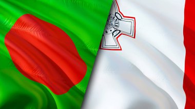 Bangladeş ve Malta bayrakları. 3 boyutlu dalgalanan bayrak tasarımı. Bangladeş Malta bayrağı, resim, duvar kağıdı. Bangladeş, Malta 'ya karşı, görüntü 3 boyutlu. Bangladeş Malta ilişkileri ittifak ve ticaret, seyahat, turnuva