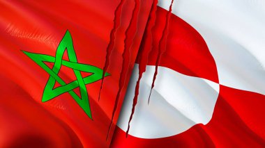 Yara izi olan Fas ve Grönland bayrakları. Dalgalanan bayrak, 3 boyutlu görüntüleme. Fas ve Grönland çatışması konsepti. Fas Grönland ilişkileri kavramı. Fas ve Grönland krizi bayrağı, savaş, attac
