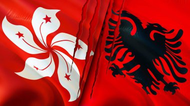 Hong Kong ve Arnavutluk yara izi kavramına sahip. Dalgalanan bayrak, 3 boyutlu görüntüleme. Hong Kong ve Arnavutluk çatışma konsepti. Hong Kong Arnavutluk ilişkileri kavramı. Hong Kong bayrağı ve Arnavutluk krizi, savaş, attac