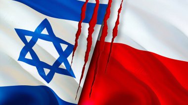 Yara izi olan İsrail ve Polonya bayrakları. Dalgalanan bayrak, 3 boyutlu görüntüleme. İsrail ve Polonya çatışma konsepti. İsrail Polonya ilişkileri kavramı. İsrail ve Polonya bayrağı krizi, savaş, saldırı konsepti