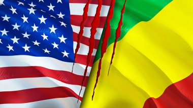 ABD ve Kongo yara izi olan bayraklar. Dalgalanan bayrak, 3 boyutlu görüntüleme. ABD ve Kongo çatışma konsepti. ABD Kongo ilişkileri kavramı. ABD ve Kongo bayrağı krizi, savaş, saldırı konsepti