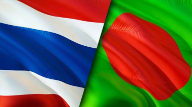 Tayland ve Bangladeş bayrakları. 3 boyutlu dalgalanan bayrak tasarımı. Tayland Bangladeş bayrağı, resim, duvar kağıdı. Tayland, Bangladeş 'e karşı, görüntü 3 boyutlu. Tayland Bangladeş ilişkileri