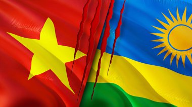 Vietnam ve Ruanda bayrakları. 3 boyutlu dalgalanan bayrak tasarımı. Vietnam Ruanda bayrağı, resim, duvar kağıdı. Vietnam, Ruanda 'ya karşı, 3 boyutlu görüntü. Vietnam Rwanda ilişkileri ittifak ve ticaret, seyahat, turizm konsepti