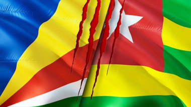 Yara izi olan Seyşeller ve Togo bayrakları. Dalgalanan bayrak, 3 boyutlu görüntüleme. Seyşeller ve Togo çatışma konsepti. Seyşeller Togo ilişkileri konsepti. Seyşel bayrağı ve Togo krizi, savaş, saldırı konsepti