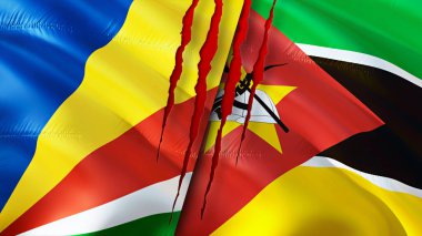 Yara izi olan Seyşeller ve Mozambik bayrakları. Dalgalanan bayrak, 3 boyutlu görüntüleme. Seyşeller ve Mozambik çatışma konsepti. Seyşeller Mozambik ilişkileri kavramı. Seyşeller ve Mozambik bayrağı