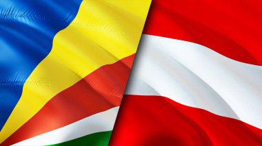 Seyşeller ve Avusturya bayrakları. 3 boyutlu dalgalanan bayrak tasarımı. Seyşeller Avusturya bayrağı, resim, duvar kağıdı. Seyşeller Avusturya 'ya karşı, görüntü 3D. Seyşeller Avusturya ilişkileri