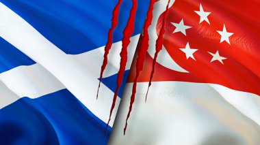 İskoçya ve Singapur bayraklarında yara izi var. Dalgalanan bayrak, 3 boyutlu görüntüleme. İskoçya ve Singapur çatışma konsepti. İskoçya Singapur ilişkileri kavramı. İskoçya bayrağı ve Singapur krizi, savaş