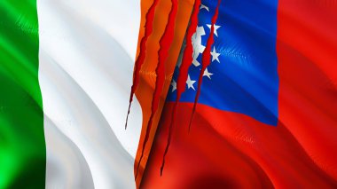 İrlanda ve Birma bayraklarında yara izi var. 3D bayrak sallama. İrlanda ve Birma çatışma konsepti. İrlanda Birma ilişkileri kavramı. İrlanda bayrağı ve Birma krizi, savaş, saldırı konsepti