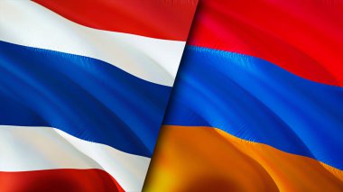 Tayland ve Ermenistan bayrakları. 3 boyutlu dalgalanan bayrak tasarımı. Tayland Ermenistan bayrağı, resim, duvar kağıdı. Tayland, Ermenistan 'a karşı, görüntü 3 boyutlu. Tayland Ermenistan ilişkileri ittifak ve ticaret, seyahat, turnuva