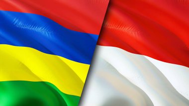 Mauritius ve Endonezya bayrakları. 3 boyutlu dalgalanan bayrak tasarımı. Mauritius Endonezya bayrağı, resim, duvar kağıdı. Mauritius, Endonezya 'ya karşı, görüntü 3 boyutlu. Mauritius Endonezya ilişkileri ittifakı