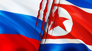 Rusya ve Kuzey Kore yara izi kavramına sahip bayraklar. Dalgalanan bayrak, 3 boyutlu görüntüleme. Rusya ve Kuzey Kore çatışma konsepti. Rusya Kuzey Kore ilişkileri kavramı. Rusya bayrağı ve Kuzey Kore krizi, savaş