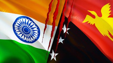 Yara izi olan Hindistan ve Papua Yeni Gine bayrakları. Dalgalanan bayrak, 3 boyutlu görüntüleme. Hindistan ve Papua Yeni Gine çatışma konsepti. Hindistan Papua Yeni Gine ilişkileri kavramı. Hindistan ve Papua Ne bayrağı