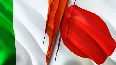 İrlanda ve Japonya yara izi olan bayraklar. 3D bayrak sallama. İrlanda ve Japonya çatışma konsepti. İrlanda Japonya ilişkileri kavramı. İrlanda ve Japonya bayrağı kriz, savaş, saldırı konsepti