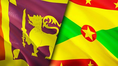 Sri Lanka ve Grenada bayrakları. 3 boyutlu dalgalanan bayrak tasarımı. Sri Lanka Grenada bayrağı, resim, duvar kağıdı. Sri Lanka, Grenada 'ya karşı, görüntü 3 boyutlu. Sri Lanka Grenada ilişkileri ittifak ve ticaret, seyahat, turnuva