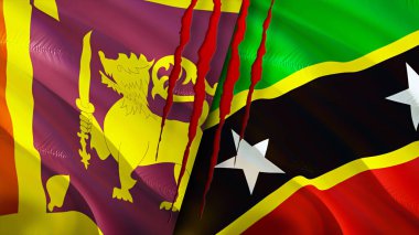 Sri Lanka, Saint Kitts ve yara izi olan Nevis bayrakları. Dalgalanan bayrak, 3 boyutlu görüntüleme. Sri Lanka ve Saint Kitts ve Nevis çatışma konsepti. Sri Lanka Saint Kitts ve Nevis ilişkileri kavramı. fla
