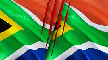 Güney Afrika ve Güney Afrika bayraklarında yara izi var. Dalgalanan bayrak, 3 boyutlu görüntüleme. Güney Afrika ve Güney Afrika çatışma konsepti. Güney Afrika Güney Afrika ilişkileri kavramı. Güney Afrika bayrağı