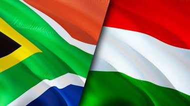 Güney Afrika ve Macaristan bayrakları. 3 boyutlu dalgalanan bayrak tasarımı. Güney Afrika Macaristan bayrağı, resim, duvar kağıdı. Güney Afrika, Macaristan 'a karşı, görüntü 3D. Güney Afrika Macaristan ilişkileri bir ittifak