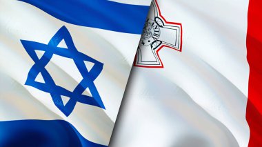 İsrail ve Malta bayrakları. 3 boyutlu dalgalanan bayrak tasarımı. İsrail Malta bayrağı, resim, duvar kağıdı. İsrail, Malta 'ya karşı, görüntü 3 boyutlu. İsrail Malta ilişkileri ittifak ve ticaret, seyahat, turizm konsepti