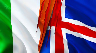 İrlanda ve İzlanda yara izi kavramına sahip bayraklar. 3D bayrak sallama. İrlanda ve İzlanda çatışma konsepti. İrlanda İzlanda ilişkileri kavramı. İrlanda bayrağı ve İzlanda krizi, savaş, saldırı konsepti