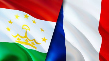 Tacikistan ve Fransa bayrakları. 3 boyutlu dalgalanan bayrak tasarımı. Tacikistan Fransa bayrağı, resim, duvar kağıdı. Tacikistan Fransa 'ya karşı, görüntü 3D. Tacikistan Fransa ilişkileri ittifak ve ticaret, seyahat, turnuva