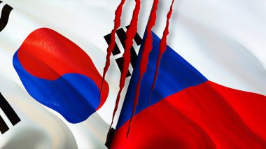 Güney Kore ve yara izi olan Çek bayrakları. Dalgalanan bayrak, 3 boyutlu görüntüleme. Güney Kore ve Çek çatışma konsepti. Güney Kore Çek ilişkileri kavramı. Güney Kore bayrağı ve Çek krizi, savaş, attac