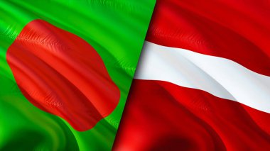 Bangladeş ve Letonya bayrakları. 3 boyutlu dalgalanan bayrak tasarımı. Bangladeş Letonya bayrağı, resim, duvar kağıdı. Bangladeş, Letonya 'ya karşı, görüntü 3 boyutlu. Bangladeş Letonya ilişkileri ittifak ve ticaret, seyahat, turnuva