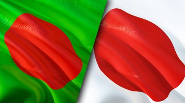 Bangladeş ve Japonya bayrakları. 3 boyutlu dalgalanan bayrak tasarımı. Bangladeş Japonya bayrağı, resim, duvar kağıdı. Bangladeş, Japonya 'ya karşı, görüntü 3D. Bangladeş Japonya ilişkileri ittifak ve ticaret, seyahat, turnuva