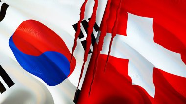 Güney Kore ve İsviçre bayraklarında yara izi var. Dalgalanan bayrak, 3 boyutlu görüntüleme. Güney Kore ve İsviçre çatışma konsepti. Güney Kore İsviçre ilişkileri kavramı. Güney Kore bayrağı