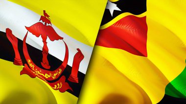 Brunei ve Nevis Adası bayrakları. 3 boyutlu dalgalanan bayrak tasarımı. Brunei Nevis Adası bayrağı, resim, duvar kağıdı. Brunei, Nevis Adası 'na karşı. Görüntü 3 boyutlu. Brunei Nevis Adası İlişkiler Birliği