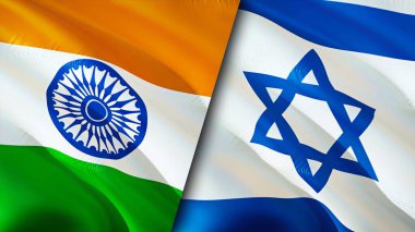 Hindistan ve İsrail bayrakları. 3 boyutlu dalgalanan bayrak tasarımı. Hindistan İsrail bayrağı, resim, duvar kağıdı. Hindistan İsrail 'e karşı, görüntü 3 boyutlu. Hindistan İsrail ilişkileri ittifak ve ticaret, seyahat, turizm konsepti