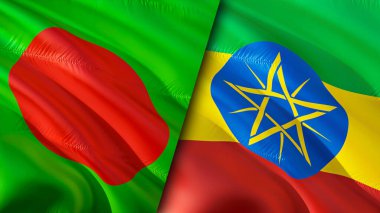 Bangladeş ve Etiyopya bayrakları. 3 boyutlu dalgalanan bayrak tasarımı. Bangladeş Etiyopya bayrağı, resim, duvar kağıdı. Bangladeş Etiyopya 'ya karşı, görüntü 3 boyutlu. Bangladeş Etiyopya ilişkileri ittifakı