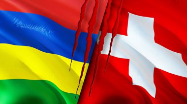 Mauritius ve İsviçre bayrakları yara izi konseptiyle. Dalgalanan bayrak, 3 boyutlu görüntüleme. Mauritius ve İsviçre çatışma konsepti. Mauritius İsviçre ilişkileri kavramı. Mauritius ve Switzerlan bayrağı