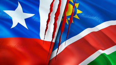 Yara izi olan Şili ve Namibya bayrakları. Dalgalanan bayrak, 3 boyutlu görüntüleme. Şili ve Namibya çatışması konsepti. Şili Namibya ilişkileri kavramı. Şili ve Namibya bayrağı krizi, savaş, saldırı konsepti