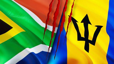 Güney Afrika ve Barbados bayraklarında yara izi var. Dalgalanan bayrak, 3 boyutlu görüntüleme. Güney Afrika ve Barbados çatışma konsepti. Güney Afrika Barbados ilişkileri kavramı. Güney Afrika ve Barbado bayrağı