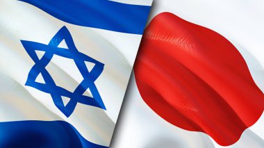 İsrail ve Japonya bayrakları. 3 boyutlu dalgalanan bayrak tasarımı. İsrail Japonya bayrağı, resim, duvar kağıdı. İsrail, Japonya 'ya karşı, görüntü 3D. İsrail Japonya ilişkileri ittifak ve ticaret, seyahat, turizm konsepti