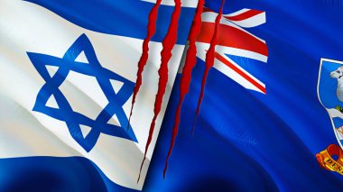 İsrail ve Falkland Adaları yara izi olan bayraklar. Dalgalanan bayrak, 3 boyutlu görüntüleme. İsrail ve Falkland Adaları çatışma konsepti. İsrail Falkland Adaları ilişkileri kavramı. İsrail ve Falklan bayrağı