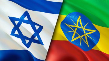 İsrail ve Etiyopya bayrakları. 3 boyutlu dalgalanan bayrak tasarımı. İsrail Etiyopya bayrağı, resim, duvar kağıdı. İsrail Etiyopya 'ya karşı, görüntü 3 boyutlu. İsrail Etiyopya ilişkileri ittifak ve ticaret, seyahat, turizm konsepti