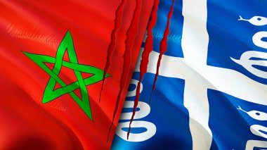 Fas ve Martinique bayrakları ve yara izi konsepti. Dalgalanan bayrak, 3 boyutlu görüntüleme. Fas ve Martinik çatışma konsepti. Fas Martinik ilişkileri kavramı. Fas bayrağı ve Martinik krizi, savaş